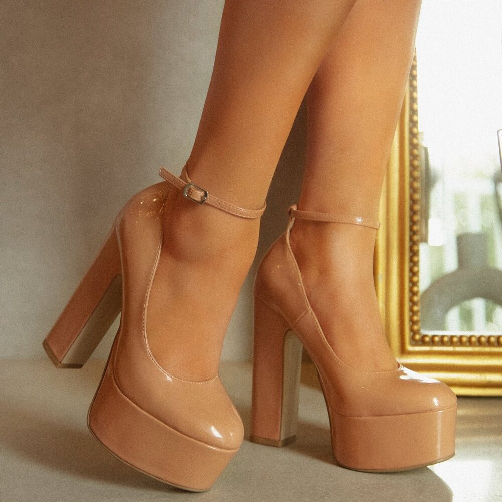 New Natural Nude Platform Pumps Chunky Sky High Block Heel Mary-Jane Ankle Strap